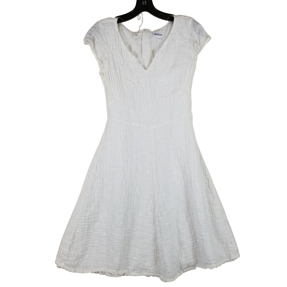Brora Dress Womens 12 White Crinkle Linen Cap Sleeve V-Neck Fit & Flare